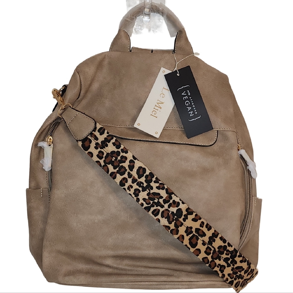 Le Miel Backpack in a Sandy Color/ Leopard Print strap for crossbody/sling carry